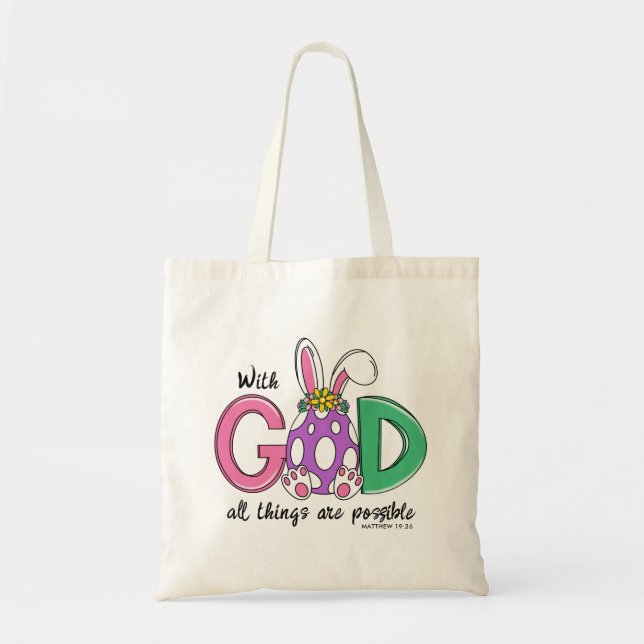 Bolsa Tote Saco de Compras de Páscoa Com Deus Todas as Coisas (Frente)