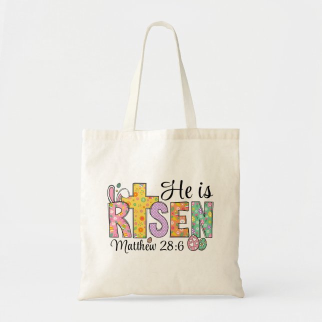 Bolsa Tote Saco de Compras de Páscoa 'Ele Ressuscitou' Cristã (Frente)