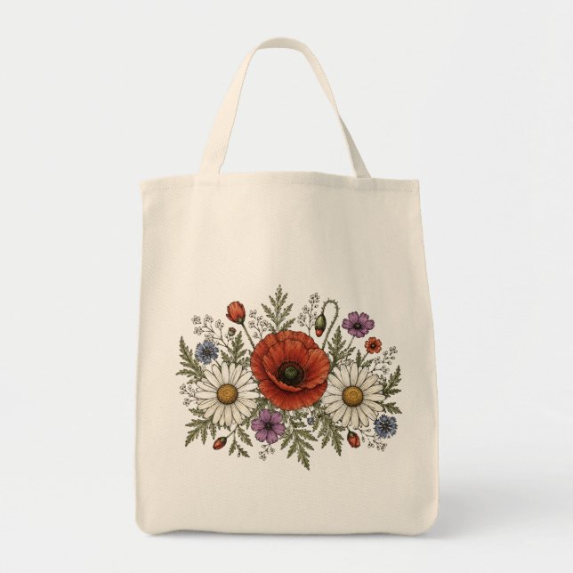 Bolsa Tote Saco de Compras em Tecido com Flor Silvestre e Pap (Frente)