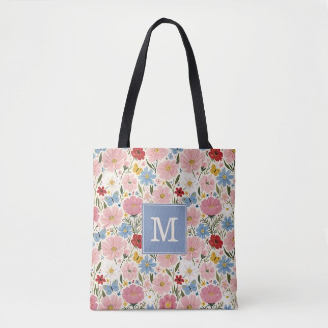 Bolsa Tote Saco de Compras Floral Jardim de Campo (Frente)