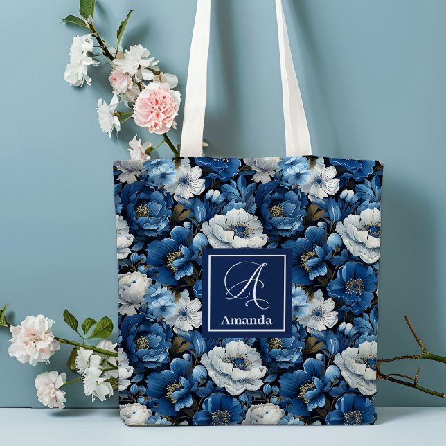 Bolsa Tote Saco de Compras Floral Personalizado com Flores Az (Modern Blue Flowers Personalized Floral Tote Bag)