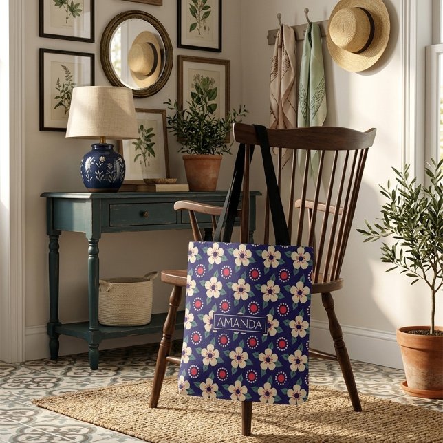 Bolsa Tote Saco de Compras Floral Personalizado com Nome (Criador carregado)