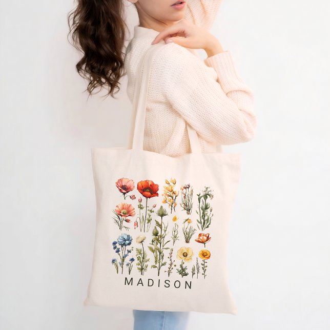 Bolsa Tote Saco de Compras Personalizado com Nome e Flores Si (Personalized Wildflower Tote Bag Custom Name Floral Aesthetic Gift for Her, Mom or Bridesmaid)