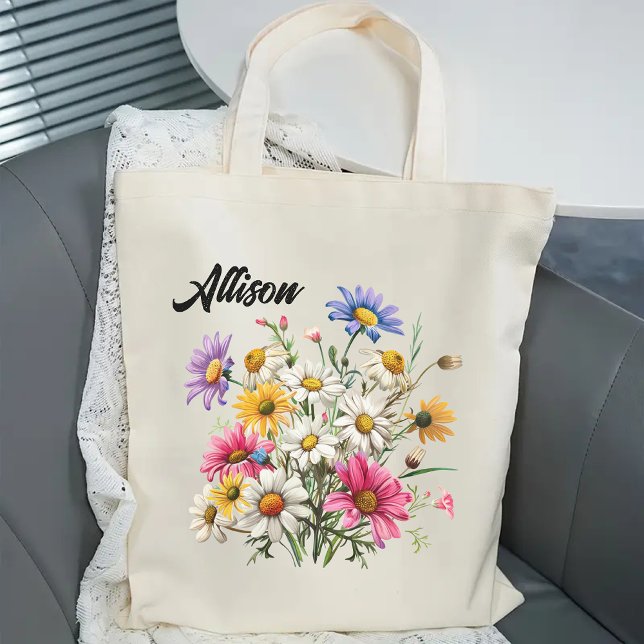 Bolsa Tote Saco de Compras Personalizado de Flores Silvestres (custom name tote, bridesmaid gift, bridal shower gift, bridesmaid proposal tote, baby shower gift)