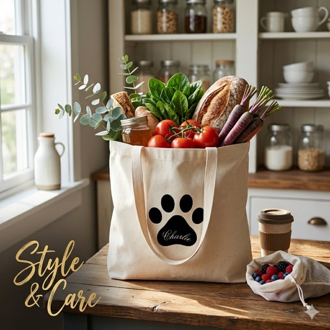 Bolsa Tote Saco de Compras Reutilizável com Nome Personalizad (Personalized Name Paw Print Reusable Grocery Tote Bag)