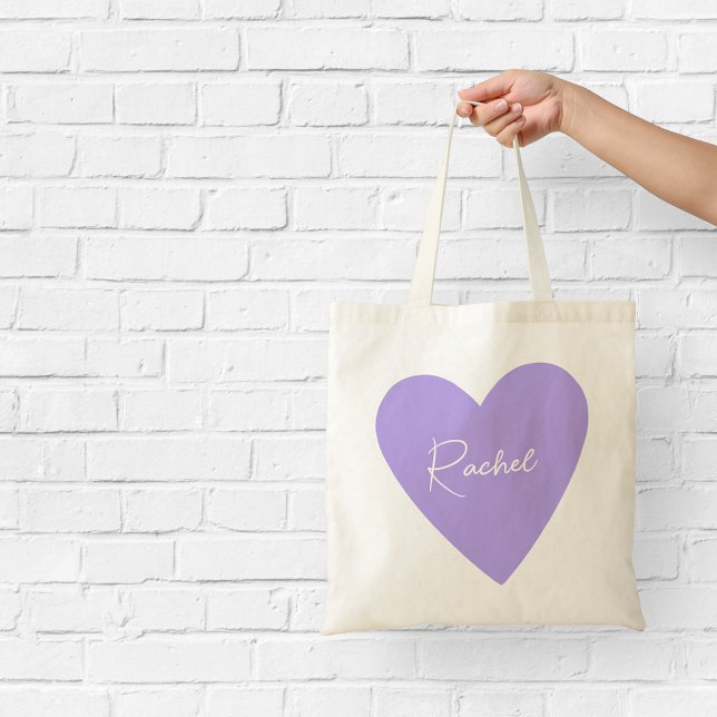 Bolsa Tote Saco de coração roxo feminino com nome (Criador carregado)