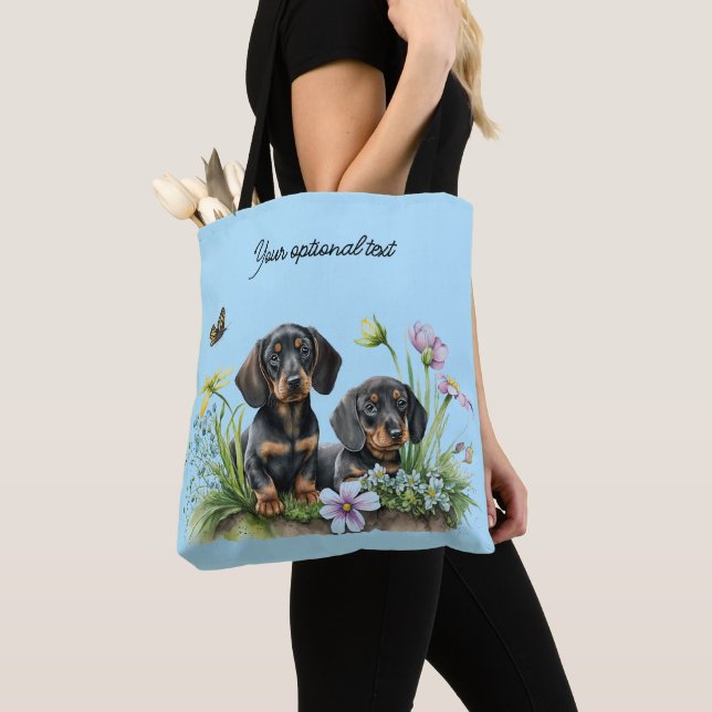BOLSA TOTE SACO DE DACHSHUND PRETO E TAN (Close Up)