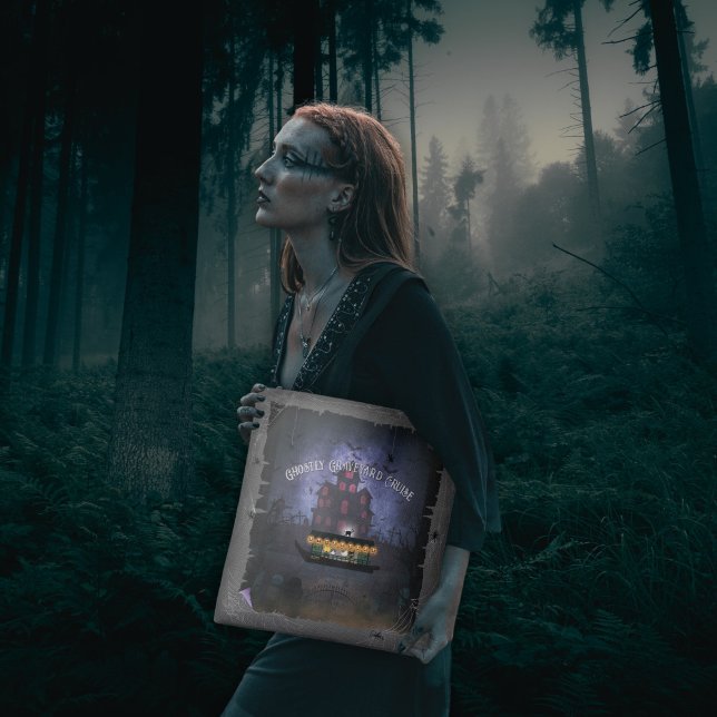 Bolsa Tote Saco de ferramentas de cruzeiro com cemitério (A woman holds a Ghostly Graveyard Cruise Tote Bag in the forest.)