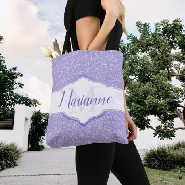 Bolsa Tote Saco de ferramentas monograma com brilho púrpura (Purple Glitter Monogram Tote Bag)