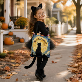 Bolsa Tote Saco de Halloween de Gato Preto Estilo Van Gogh