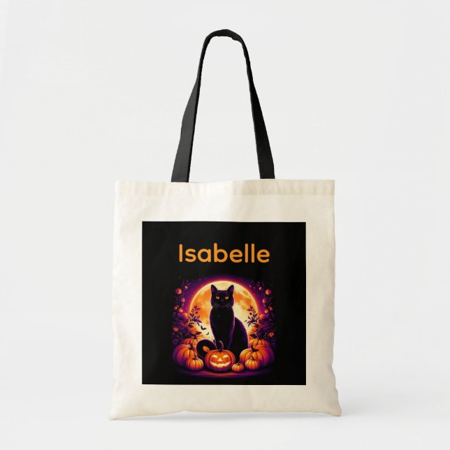 Bolsa Tote Saco de Halloween Personalizado Gato Preto com Lua (Frente)
