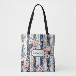 Bolsa Tote Saco de Listra Floral Azul Marinho com Nome Person