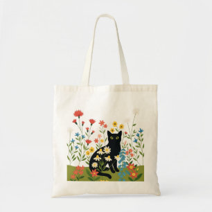 Bolsa Tote Saco de Lona de Gato Preto com Flores Silvestres e