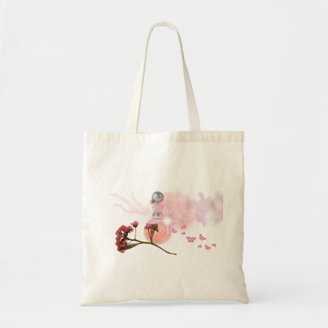 Bolsa Tote Saco de Lona Elegante com Frasco de Perfume Rosa e (Frente)