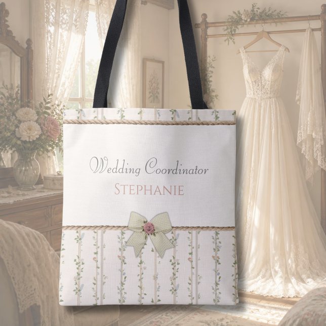 Bolsa Tote Saco de Lona para Coordenadora de Casamento com Es (Vintage garden wedding coordinator thank you tote bag. Feminine style for the event planner.)