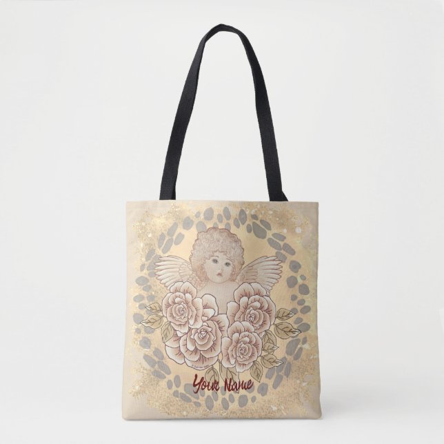 Bolsa Tote Saco de mão Anjo Querubim Rosas Antigas (Frente)