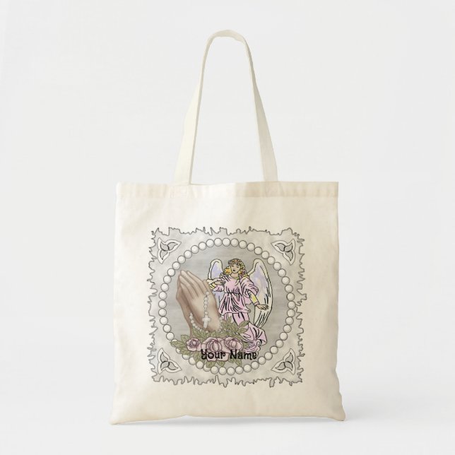 Bolsa Tote Saco de mão Anjo Rezando Terço Cristão (Frente)