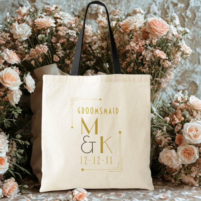 Bolsa Tote Saco de mão Art Deco anos 20 Gatsby Casamento (Art Deco 1920s Gatsby Wedding Tote Bag with space for your name and wedding date)