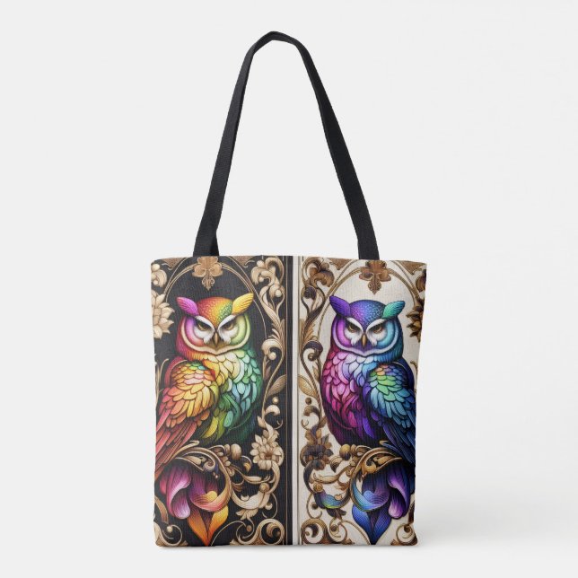Bolsa Tote Saco de mão Art Deco Rainbow Owls (Verso)