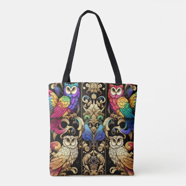 Bolsa Tote Saco de mão Art Deco Rainbow Owls (Verso)