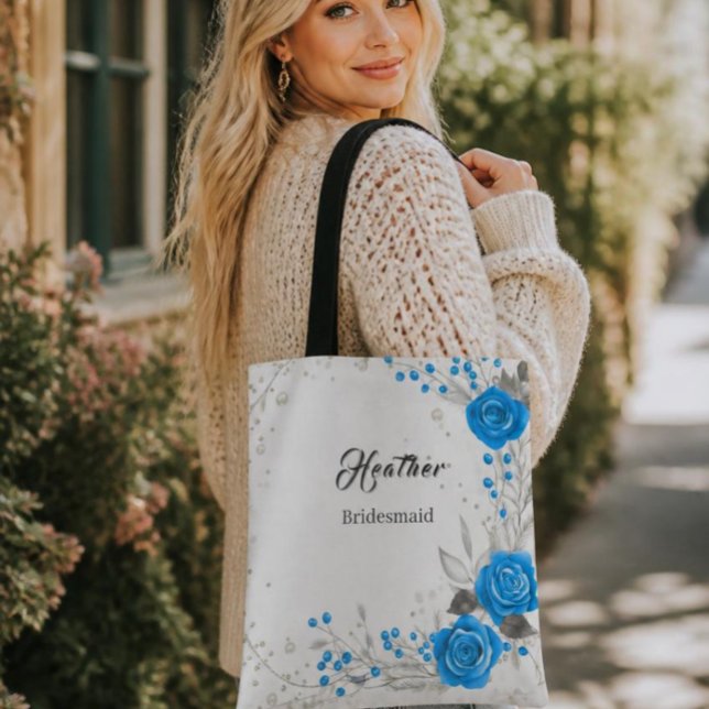 Bolsa Tote Saco de mão azul e branco para damas de honra (AI Generated Model)