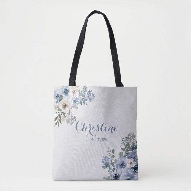 Bolsa Tote Saco de mão azul empoeirado branco floral Noiva Tr (Frente)
