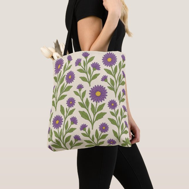 Bolsa Tote Saco de mão Bege e Roxo com Flores (Close Up)
