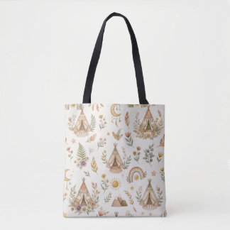 Bolsa Tote Saco de Mão Boho Tipi Nome Personalizado para Bebê