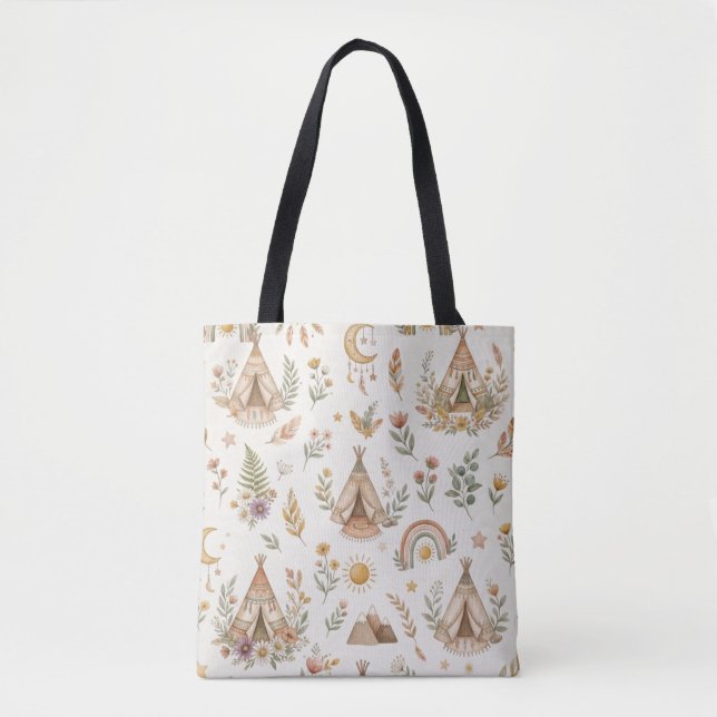 Bolsa Tote Saco de Mão Boho Tipi Nome Personalizado para Bebê (Frente)