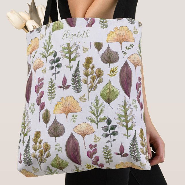 Bolsa Tote Saco de mão branco com nome personalizado e folhas (Criador carregado)