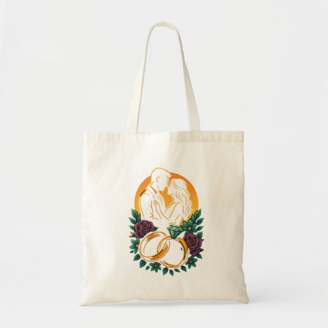 Bolsa Tote Saco de Mão com Anel de Florais para Casal de Noiv (Frente)
