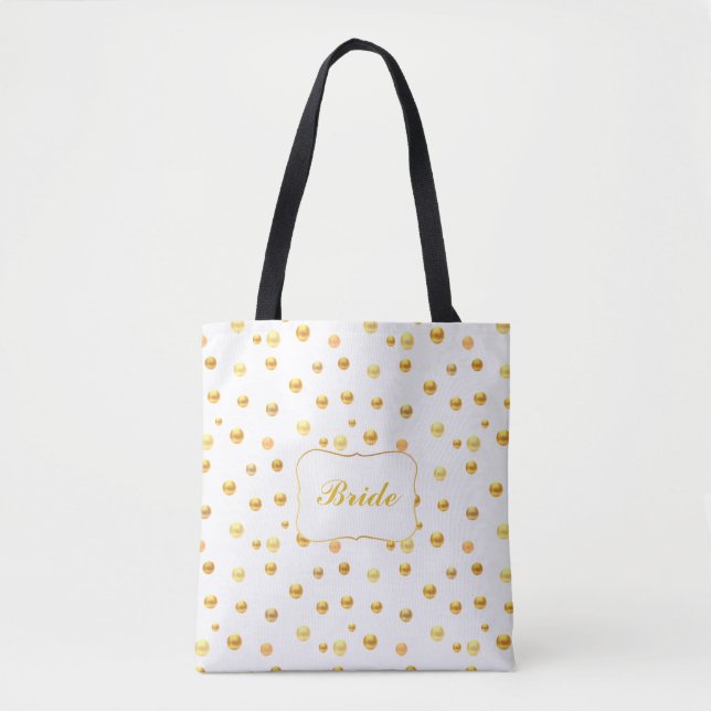 Bolsa Tote Saco de mão com bolinhas douradas para noiva (Frente)