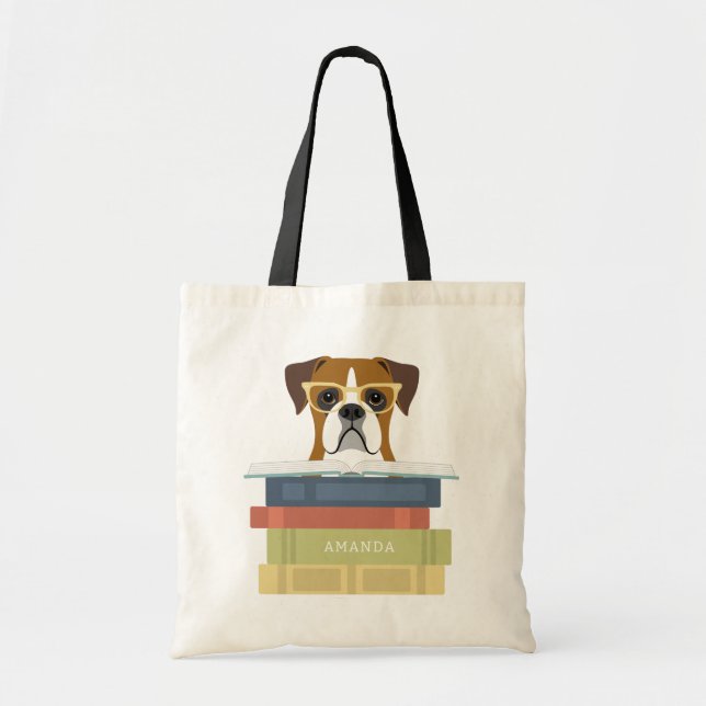 Bolsa Tote Saco de mão com cachorro boxer em círculo rosa (Frente)