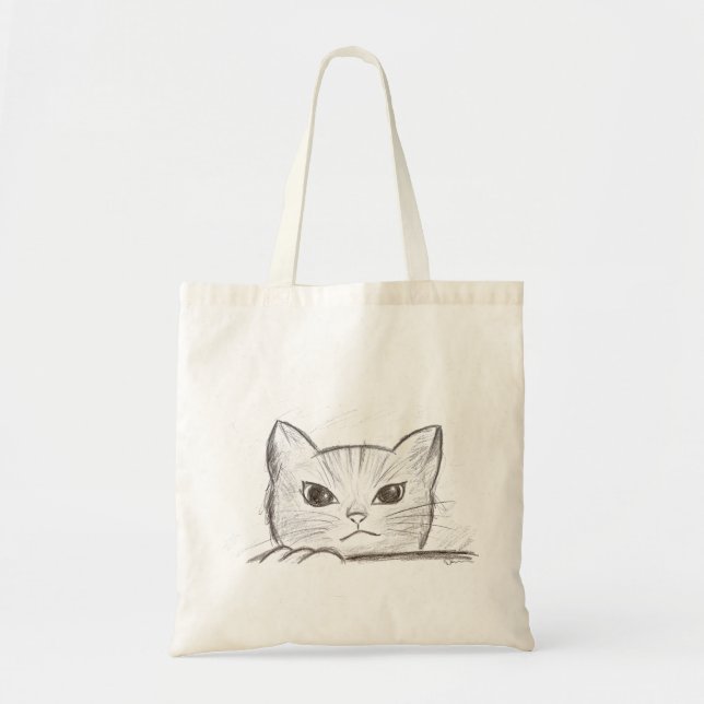Bolsa Tote Saco de mão com desenho a lápis de gato (Frente)