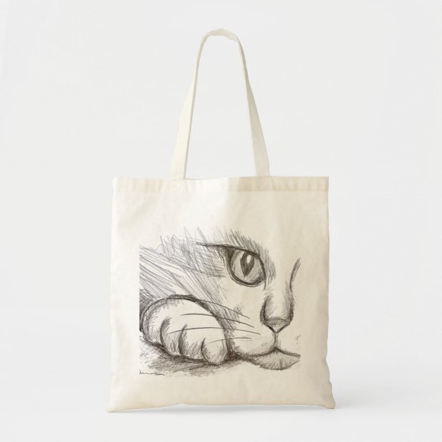 Bolsa Tote Saco de mão com desenho de gato a lápis (Frente)