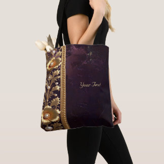 Bolsa Tote Saco de Mão com Enfeite Floral Dourado com Pérolas