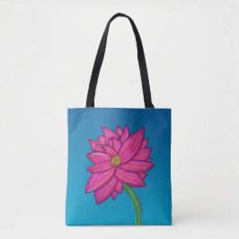 Bolsa Tote Saco de mão com flor rosa fúcsia em fundo azul