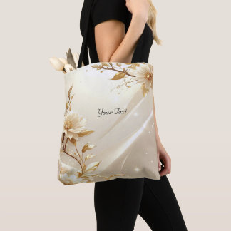 Bolsa Tote Saco de Mão com Flores Brancas e Douradas