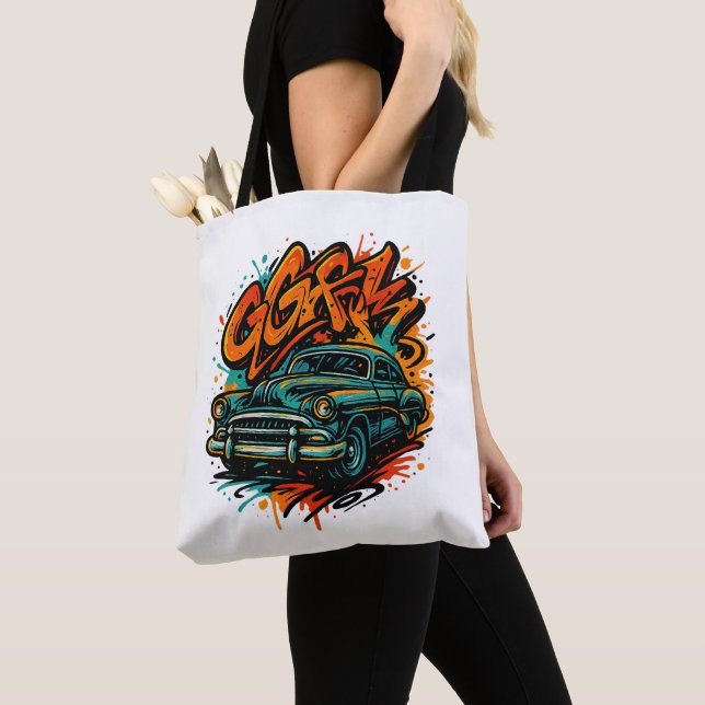 Bolsa Tote Saco de mão com grafite de carro clássico (Close Up)