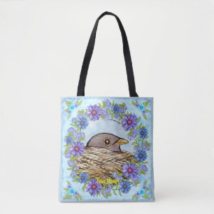 Bolsa Tote Saco de mão com imagem de pássaro no ninho