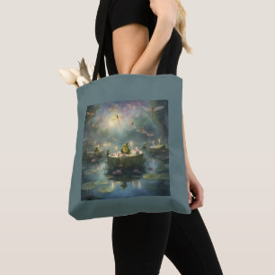 Bolsa Tote Saco de mão com libélula rã e nenúfar para present