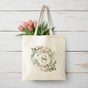 Bolsa Tote Saco de Mão com Monograma de Nome Floral Personali