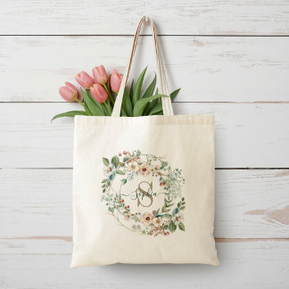 Bolsa Tote Saco de Mão com Monograma de Nome Floral Personali
