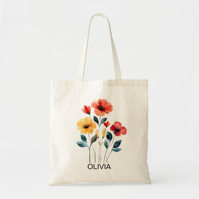 Bolsa Tote Saco de mão com nome de dama de honra com flores s (Frente)