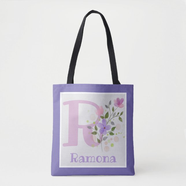 Bolsa Tote Saco de mão com primeira inicial mais nome com flo (Frente)