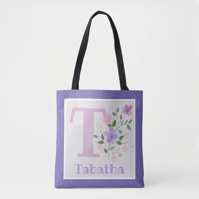 Bolsa Tote Saco de mão com primeira letra e nome com flores (Frente)