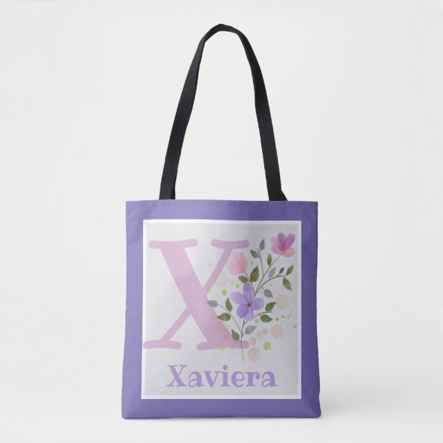 Bolsa Tote Saco de mão com primeira letra e nome com flores (Frente)