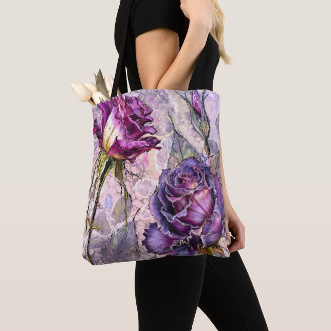 Bolsa Tote Saco de mão com Rosas Roxas (Close Up)