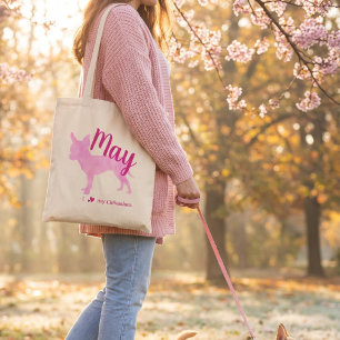 Bolsa Tote Saco de mão com silhueta de Chihuahua rosa pastel 