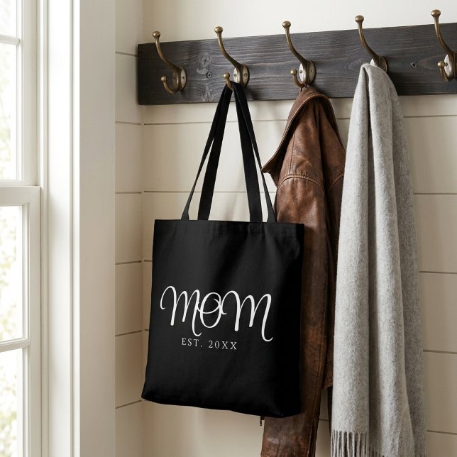 Bolsa Tote Saco de mão com texto Mãe Fundada Presente de Nova (Mom Established New Mom Gift White Script Tote Bag
)